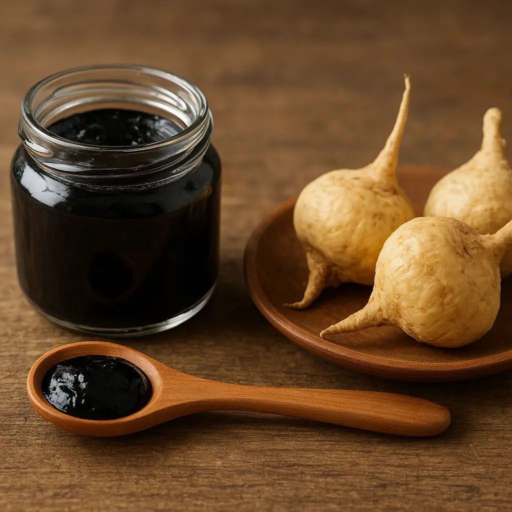 shilajit vs maca root - Himalayan shilajit resin tin on neutral stone, editorial photo
