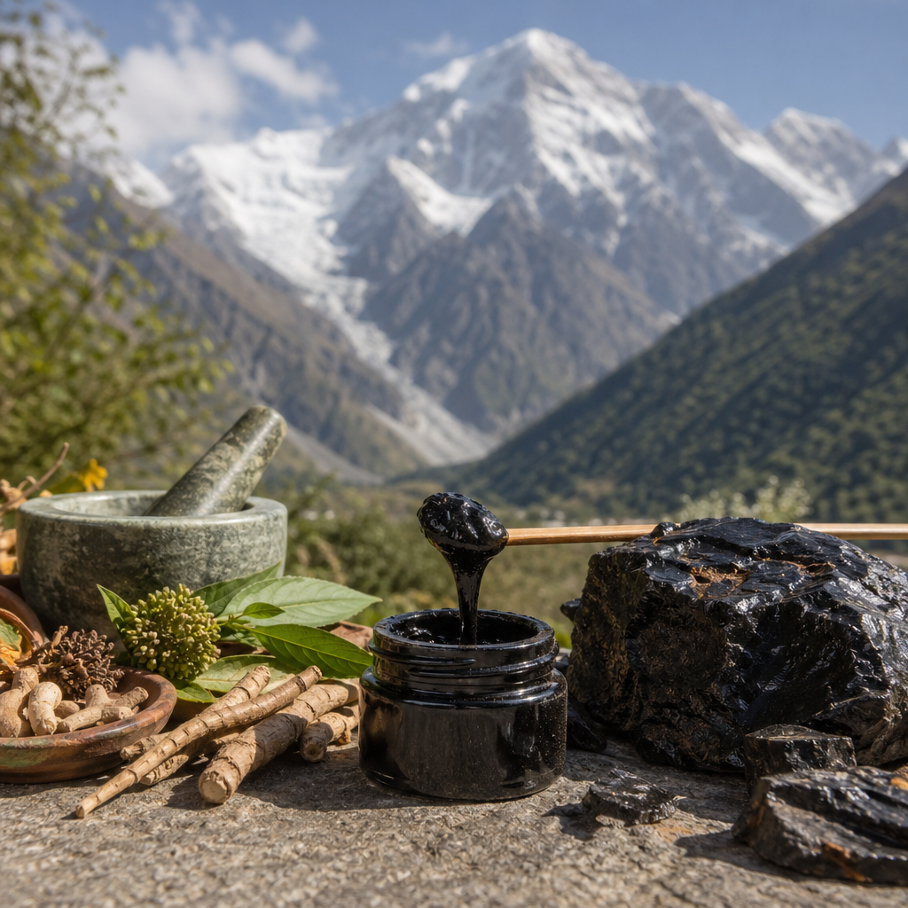 ayurvedic roots of shilajit - pure Himalayan resin tin with natural mountain styling
