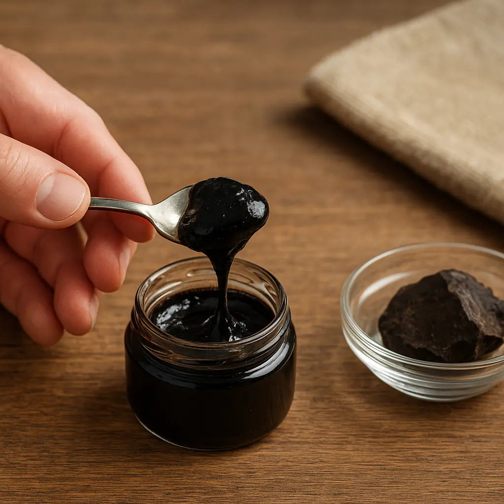 should you cycle shilajit or take breaks - pure Himalayan resin tin on neutral stone, editorial photo