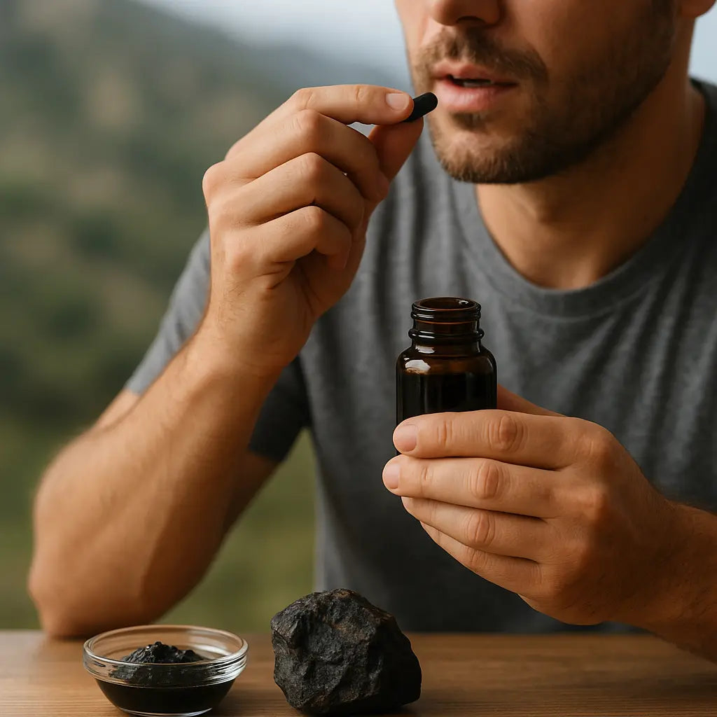 best time to take shilajit for testosterone - Nepalese shilajit resin tin on stone, editorial photo