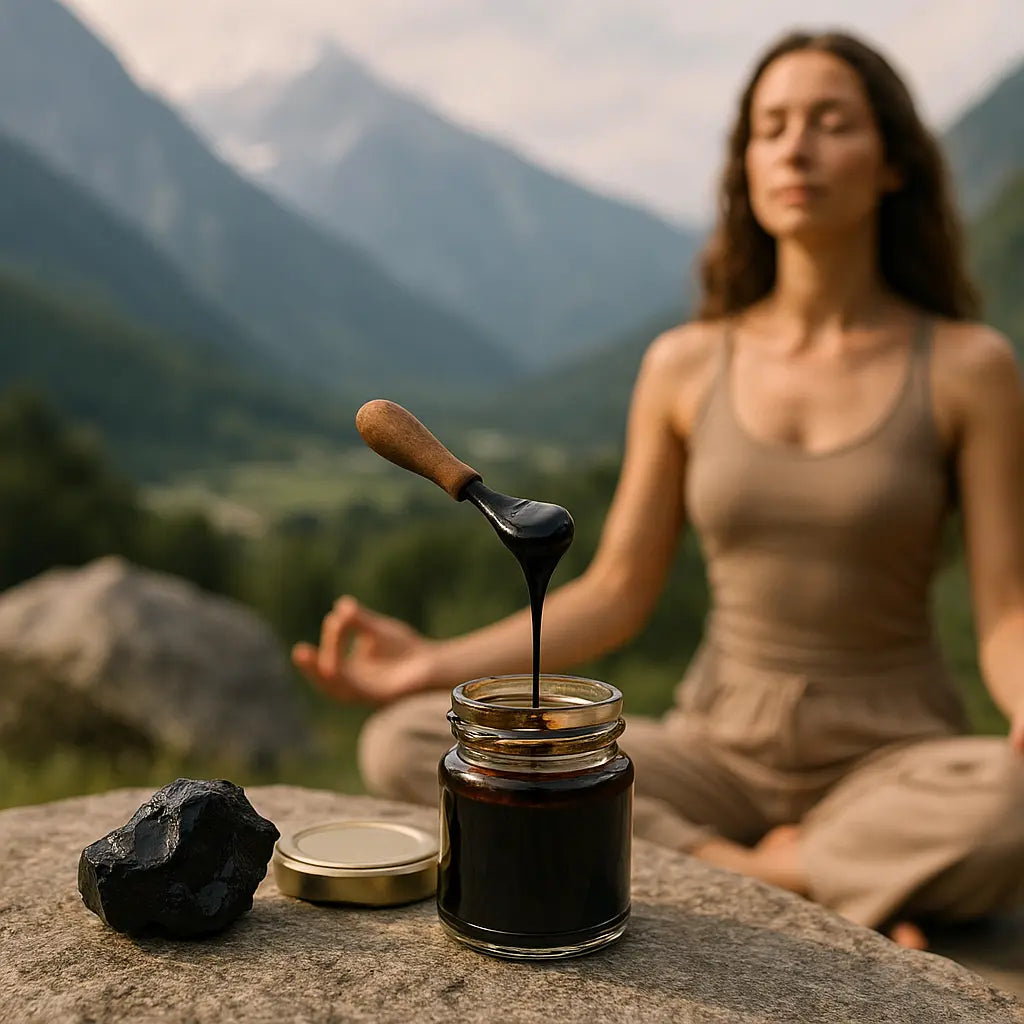 shilajit kundalini energy - pure Himalayan resin tin on stone, editorial photo