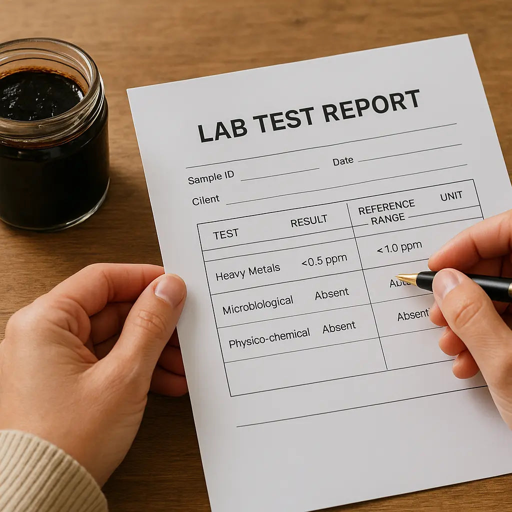 how to read shilajit lab test reports - lab report sheet beside Himalayan resin tin