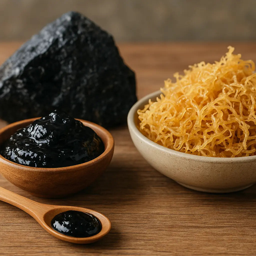 shilajit vs sea moss - Nepalese shilajit resin tin on rock, importer photo