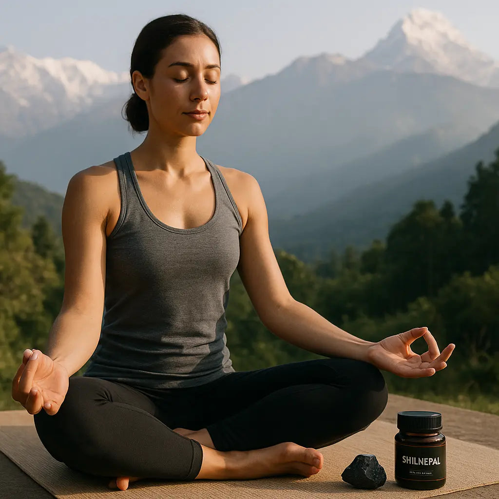 shilajit for yoga - Nepalese shilajit resin tin on a wooden mat, grounding for breath and practice