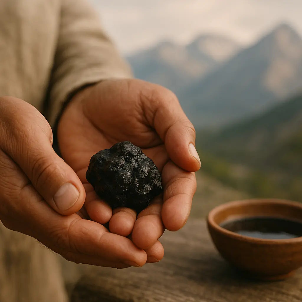 spiritual meaning of shilajit - pure Himalayan resin tin, earthy background, editorial photo