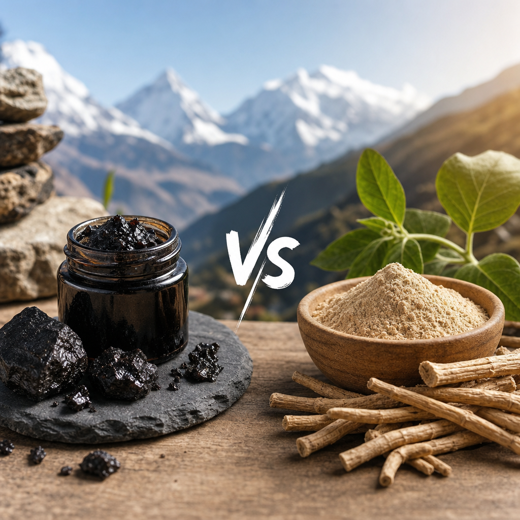 shilajit vs ashwagandha - pure Himalayan resin tin and herbal supplement comparison
