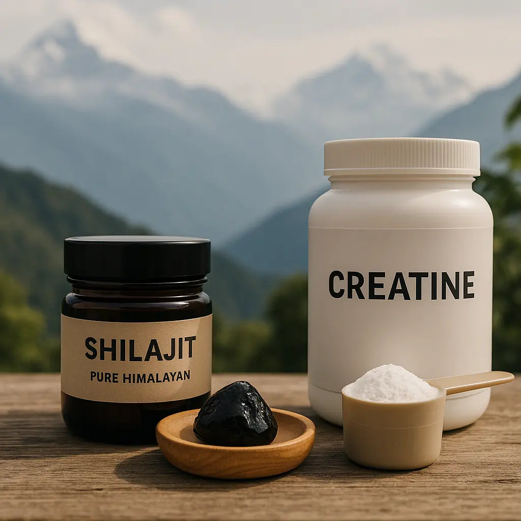 shilajit vs creatine - Himalayan shilajit resin tin on stone, product photo