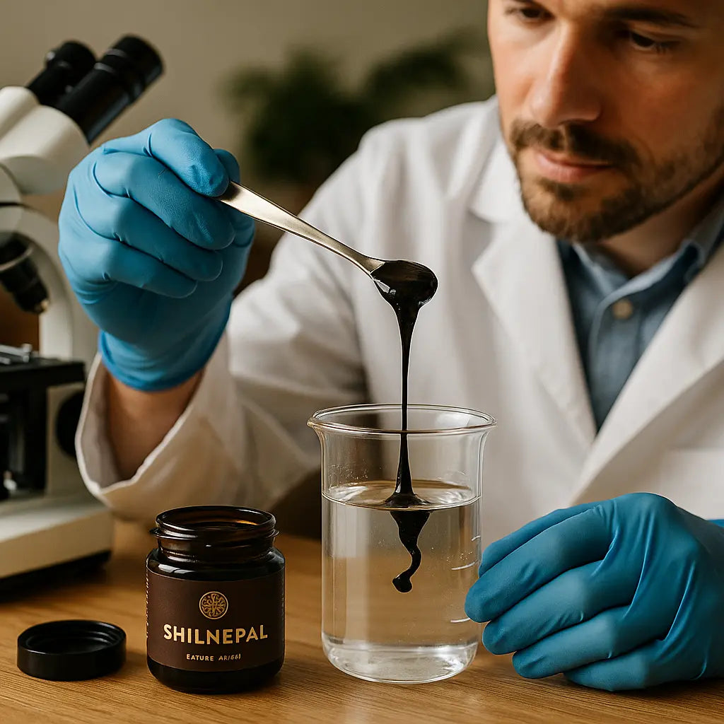 shilnepal purity testing - pure Himalayan resin tin on neutral stone, editorial photo