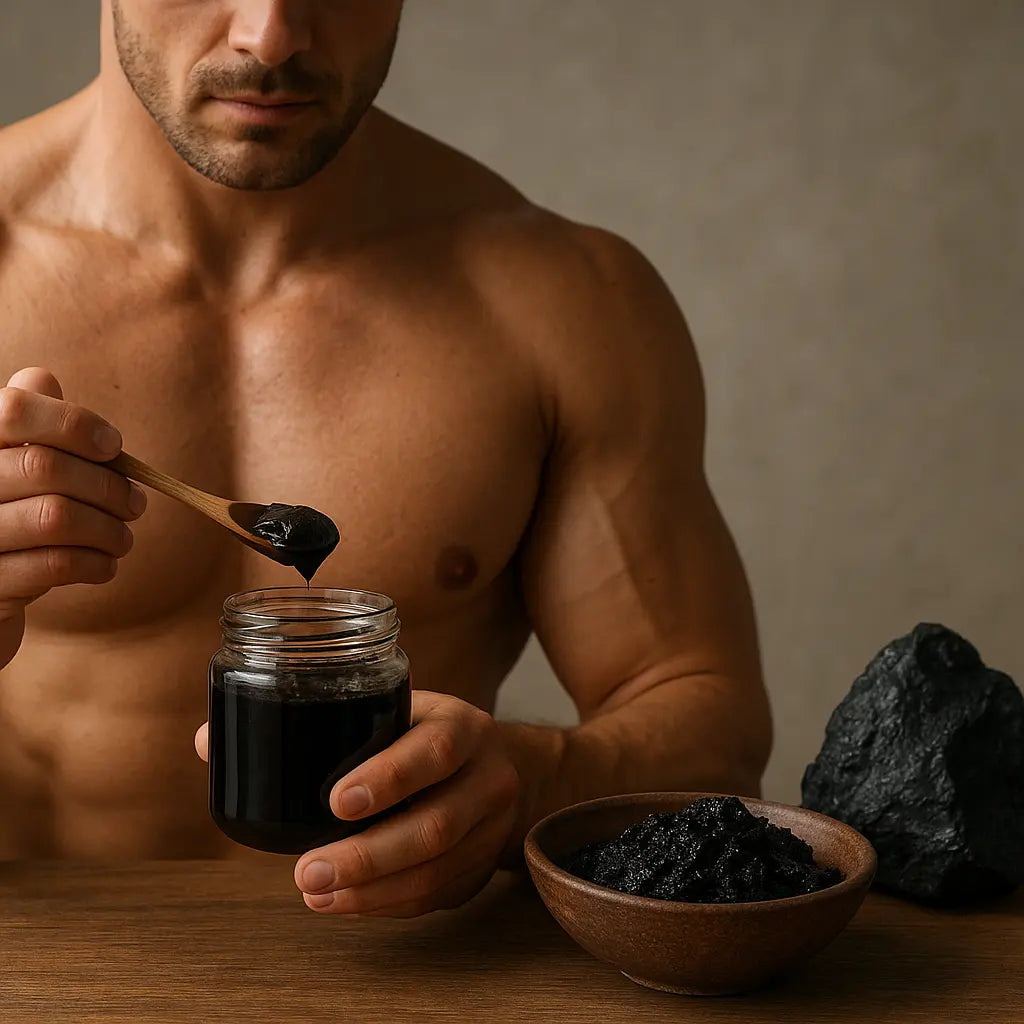 shilajit for muscle growth and recovery - Nepalese resin tin on neutral stone, editorial photo