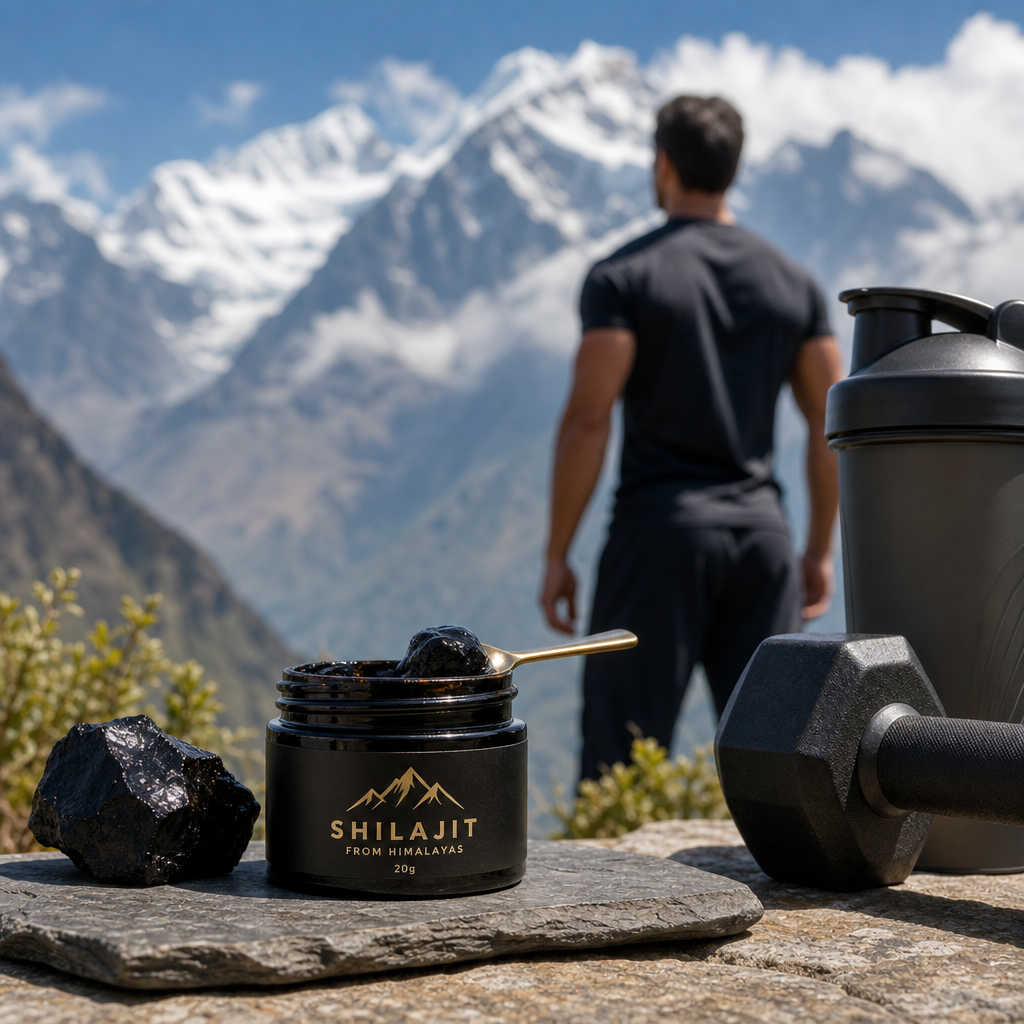 shilajit and testosterone - pure Himalayan resin tin with natural wellness styling