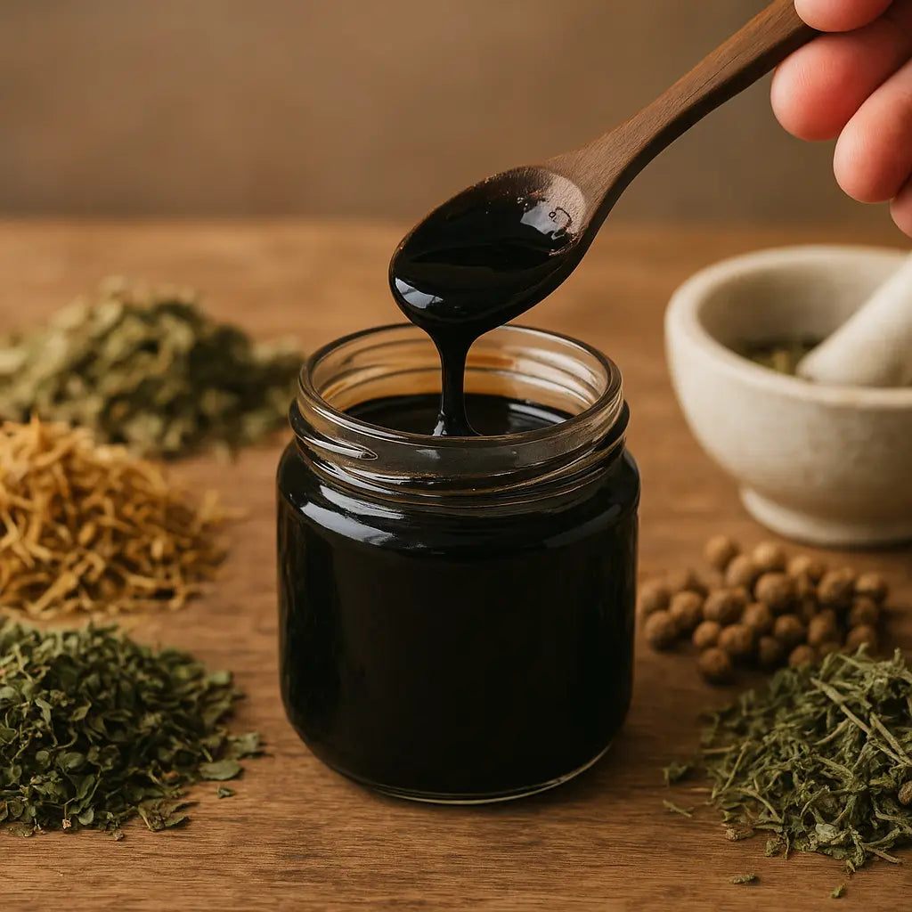 combining shilajit with herbal mixes - Nepalese shilajit tin on neutral stone, editorial photo