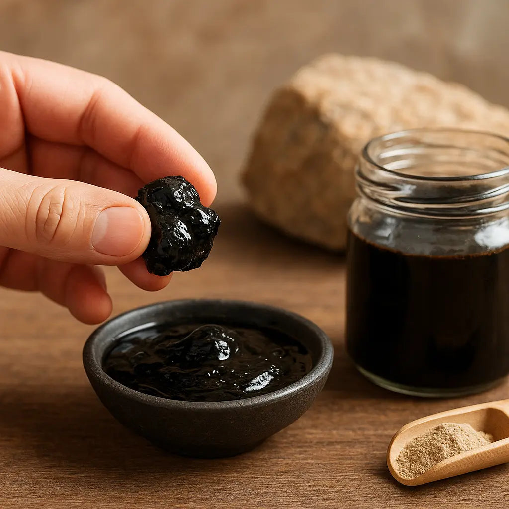 shilajit authenticity check - pure Himalayan resin tin on neutral stone, editorial photo