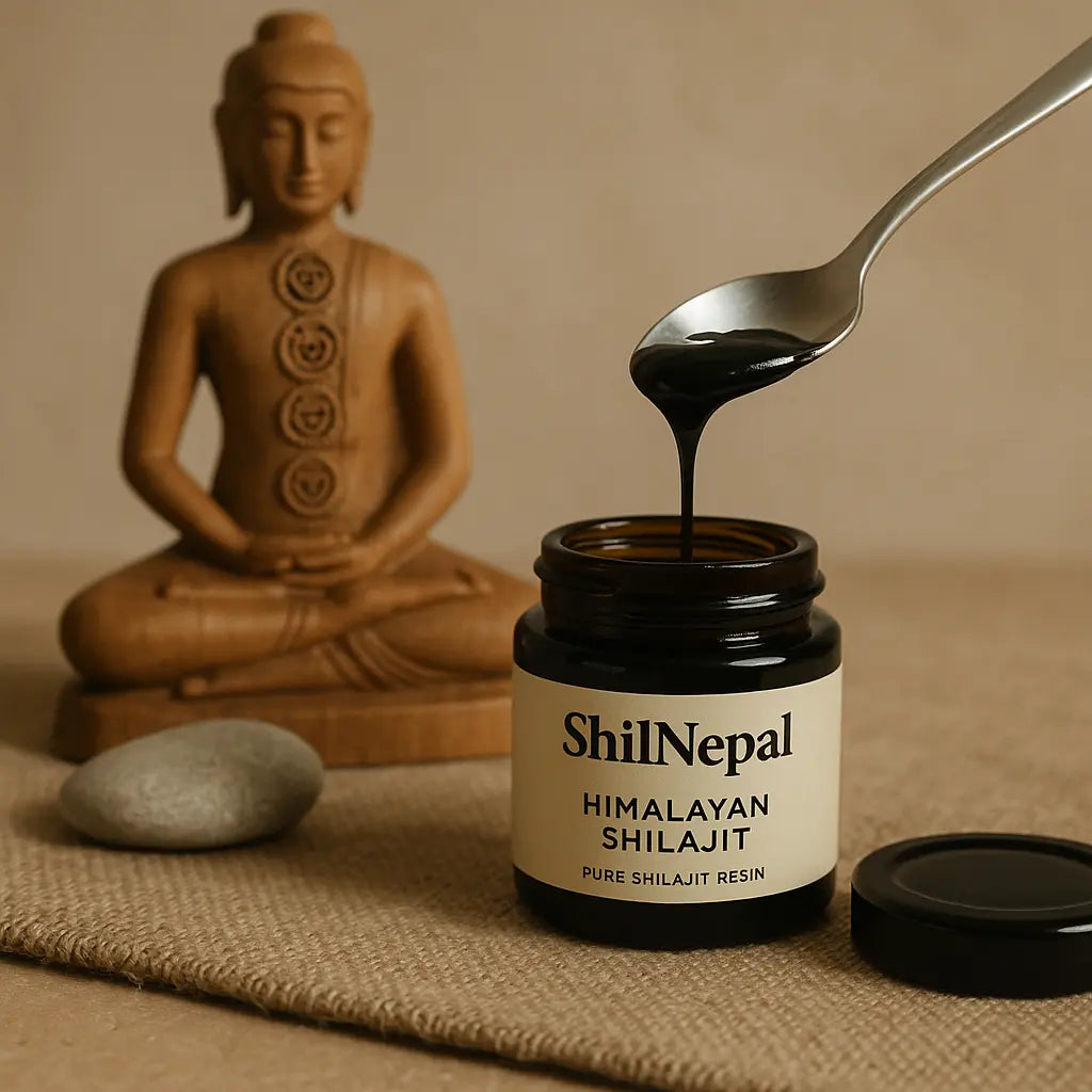 shilajit for chakras - small tin of Himalayan shilajit resin on stone, gentle light