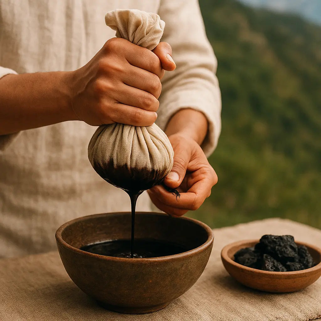traditional shodhana purification method - Nepali villager holding pure shilajit resin tin