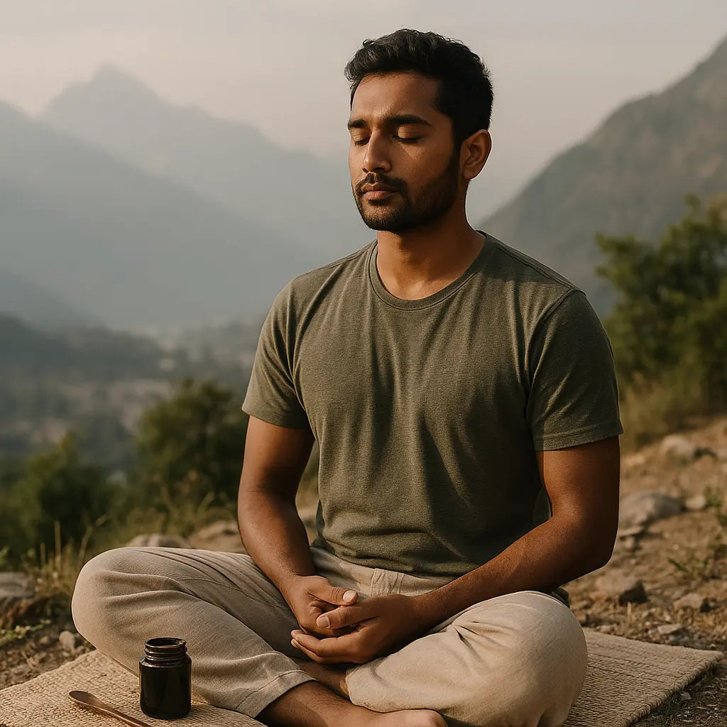 shilajit meditation benefits - pure Himalayan resin tin on stone