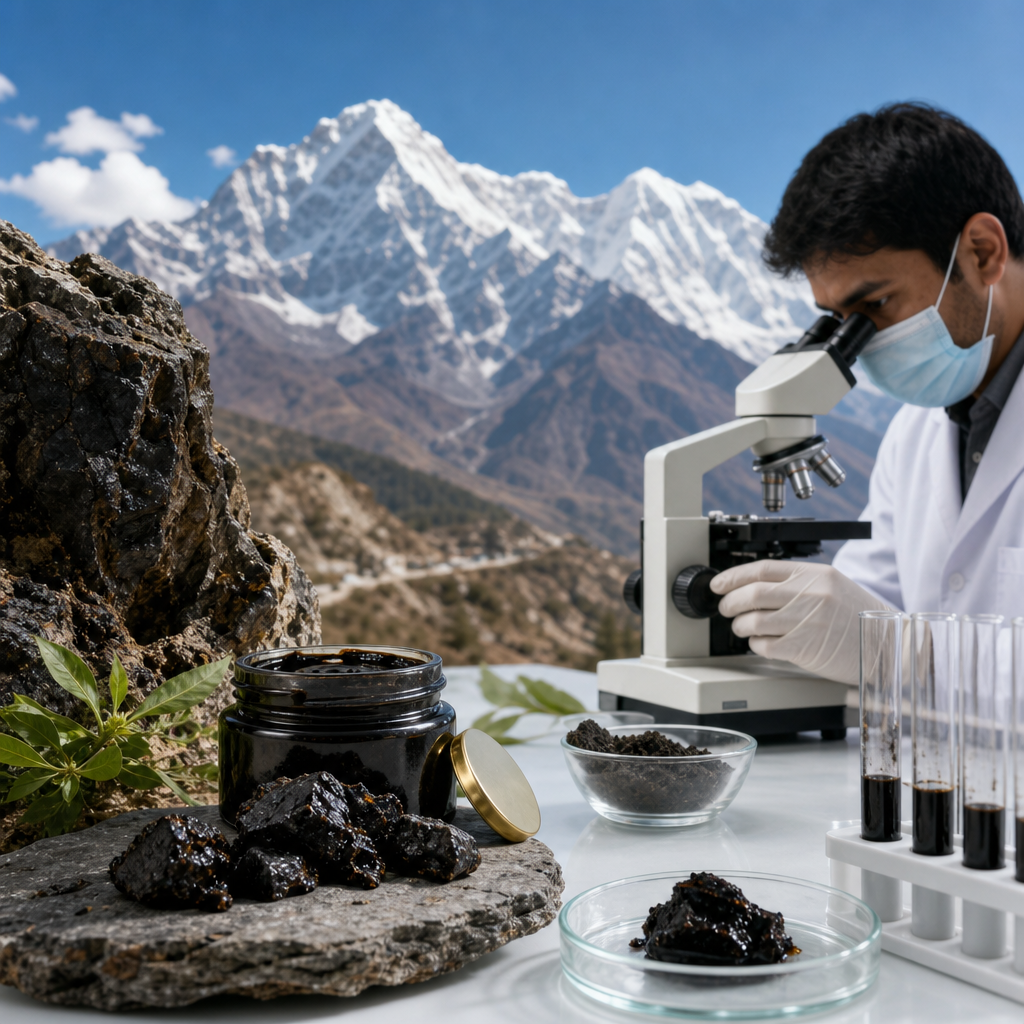 science meets tradition shilajit research - pure Himalayan shilajit resin from Namche Bazaar in a 30 g tin