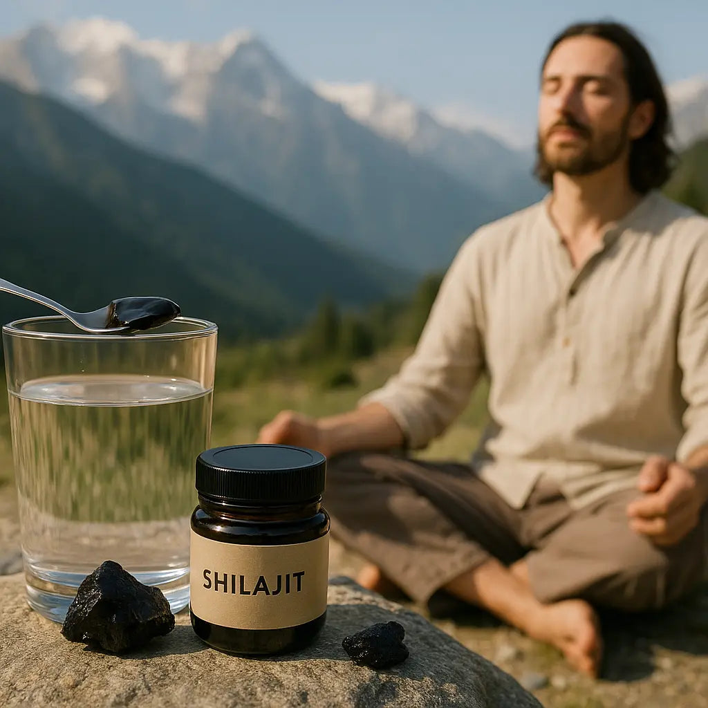 spiritual detox shilajit - pure Himalayan shilajit tin on stone, editorial photo