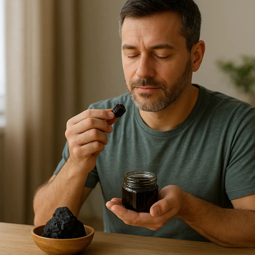 shilajit benefits for men - pure Himalayan resin tin on stone