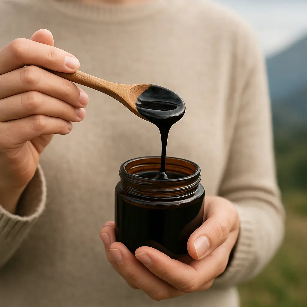 can vegans take shilajit - small tin of Himalayan shilajit resin on stone, editorial photo