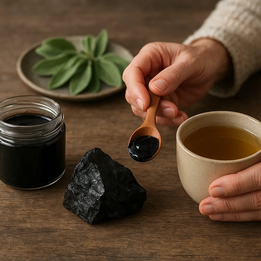 shilajit and longevity secrets - pure Himalayan resin tin on stone, editorial photo