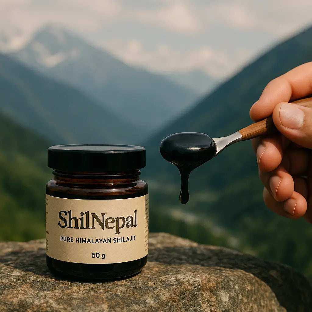 trusted shilajit brand - ShilNepal 30g tin on Himalayan stone, villager photo