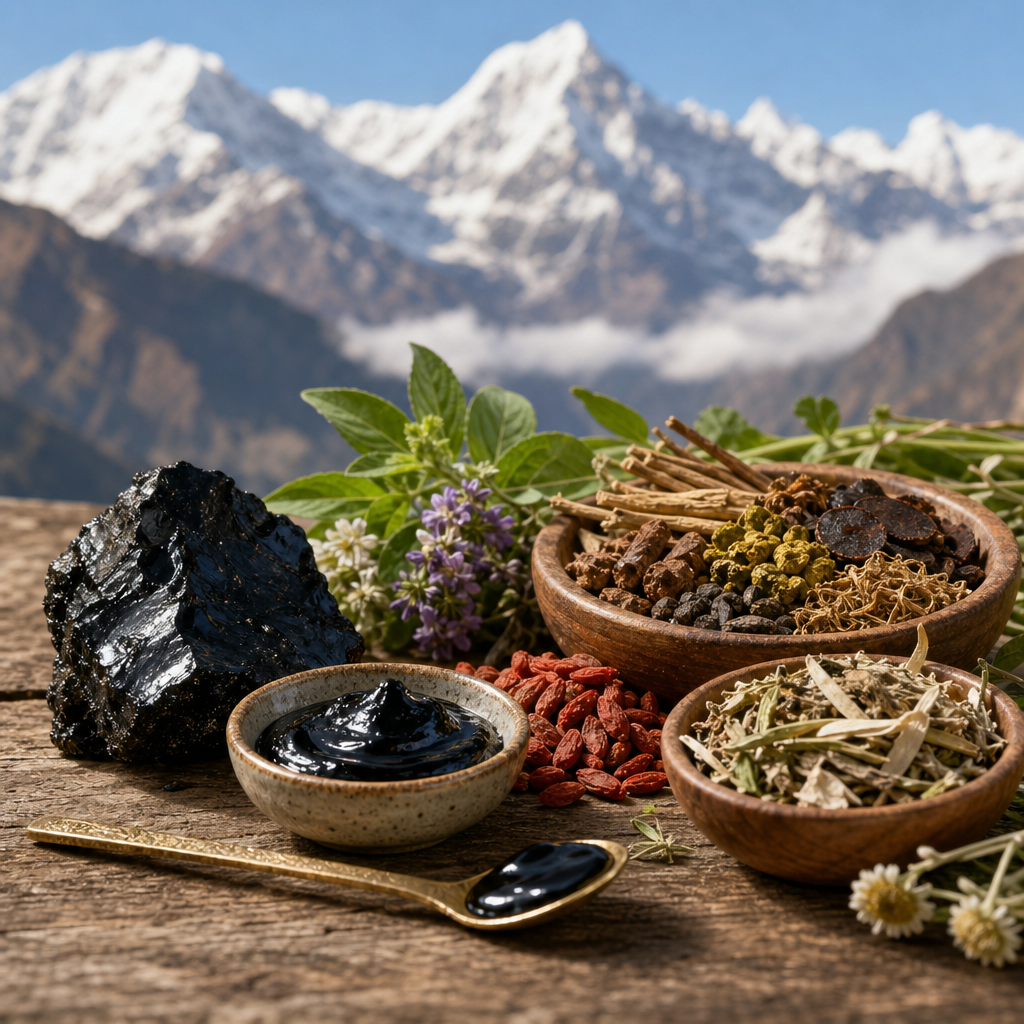 combining shilajit with herbal mixes - pure Himalayan shilajit resin with herbal ingredients, editorial image
