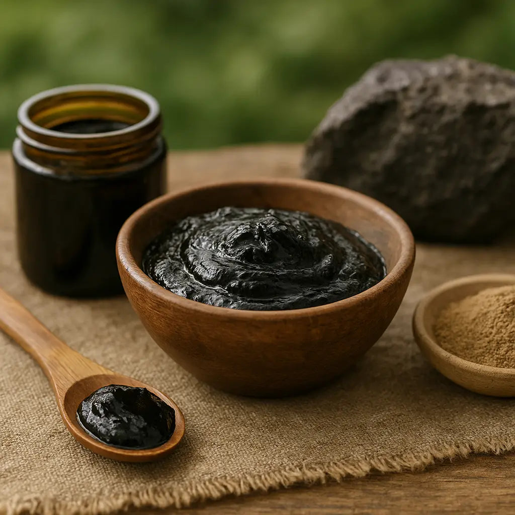 shilajit for detox and cleansing - Nepalese shilajit resin tin on a stone, editorial photo