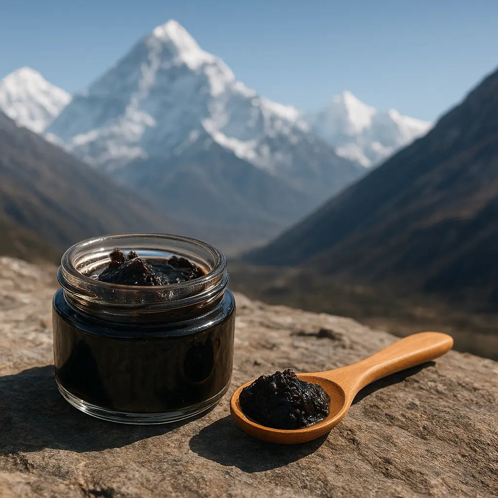 how altitude affects shilajit potency - pure Himalayan shilajit resin tin on stone, editorial photo