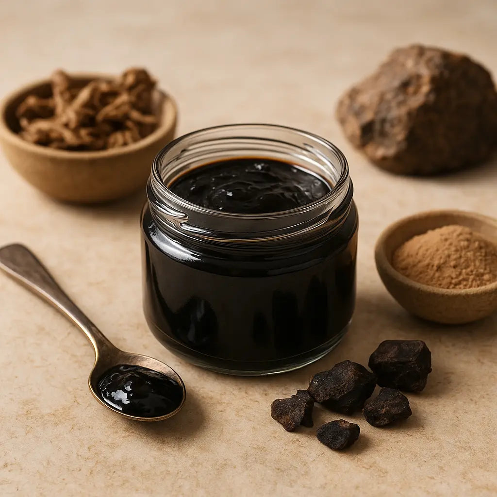 shilajit dosage guide - pure Himalayan resin tin on neutral stone, editorial photo