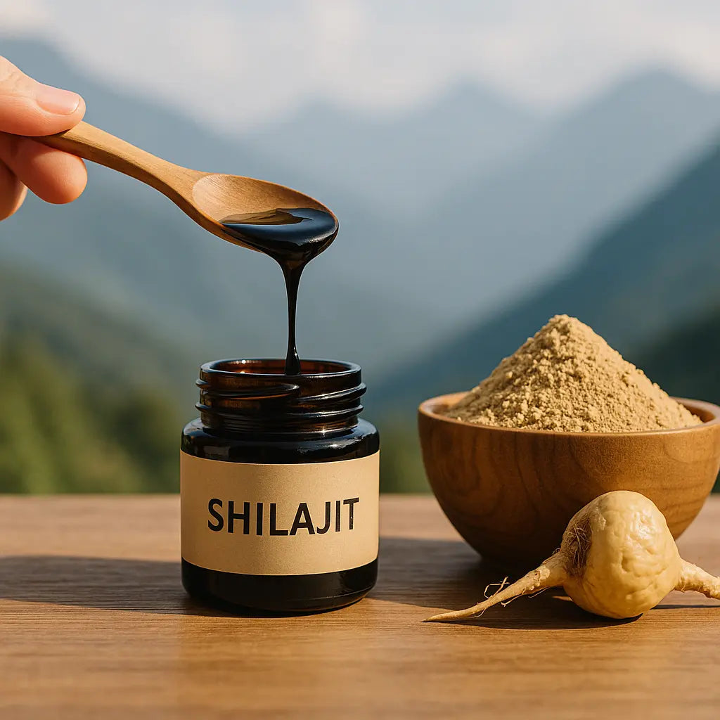 comparison of shilajit vs maca - Himalayan shilajit resin tin beside maca root powder on stone