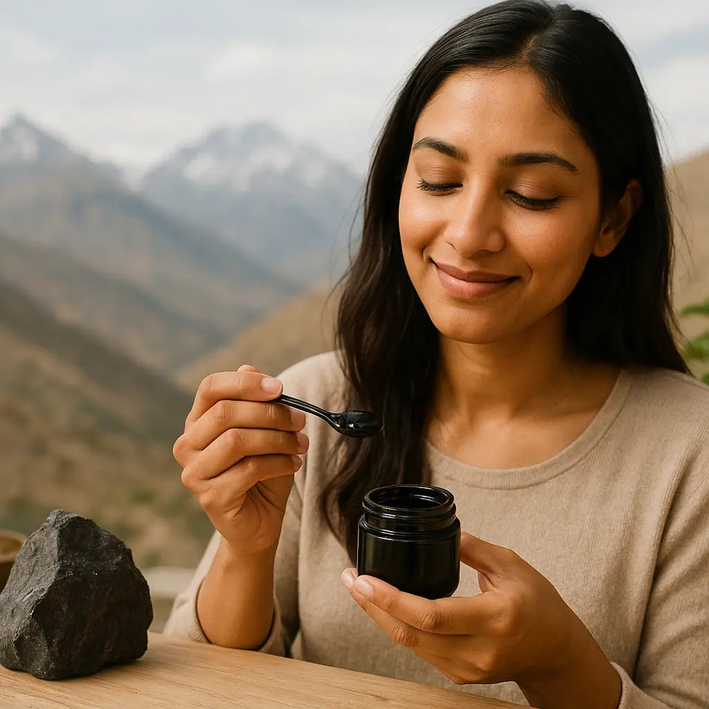 shilajit benefits for women - jar of pure Himalayan shilajit resin on stone, editorial photo