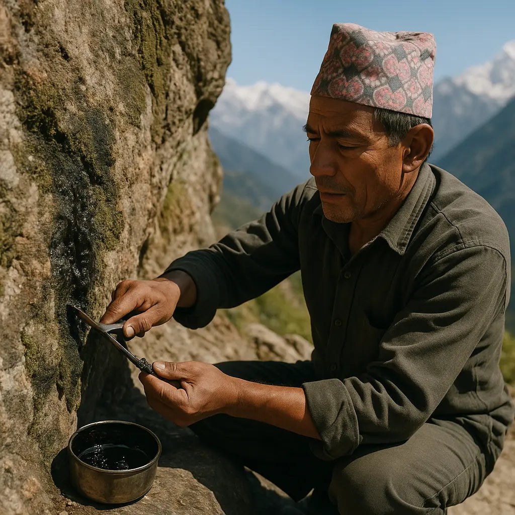 shilajit harvesting process - pure Himalayan resin on mountain rock