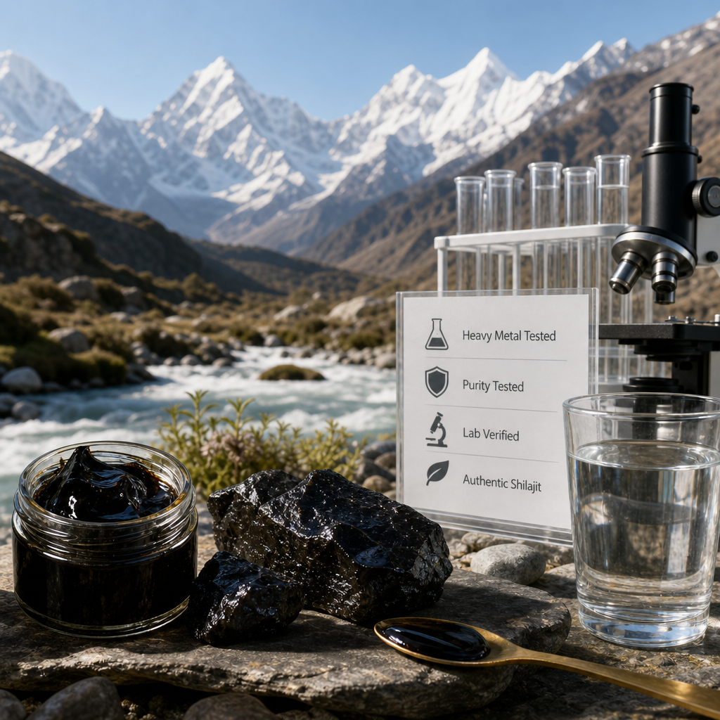 shilajit for detox and heavy metal removal - pure Himalayan resin tin on natural stone, editorial photo