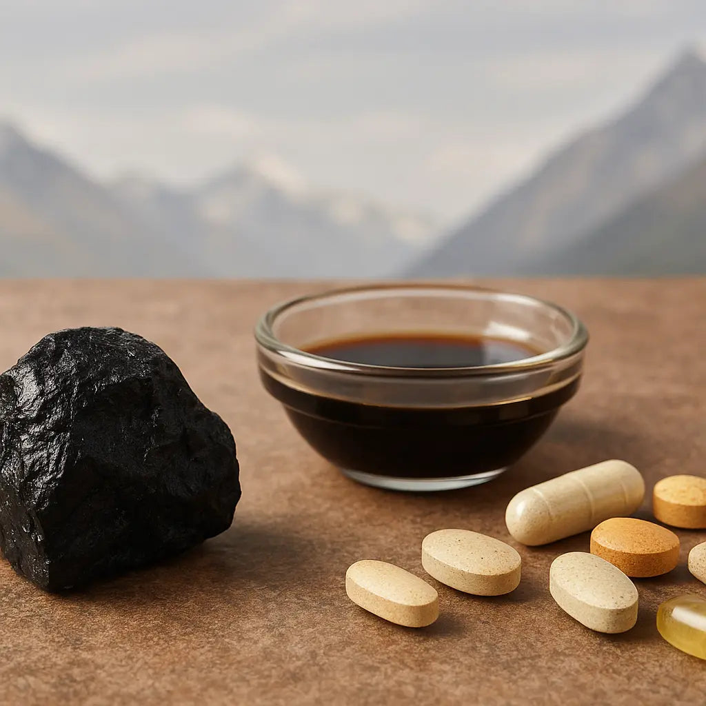 shilajit vs supplements - Himalayan shilajit resin tin on neutral stone