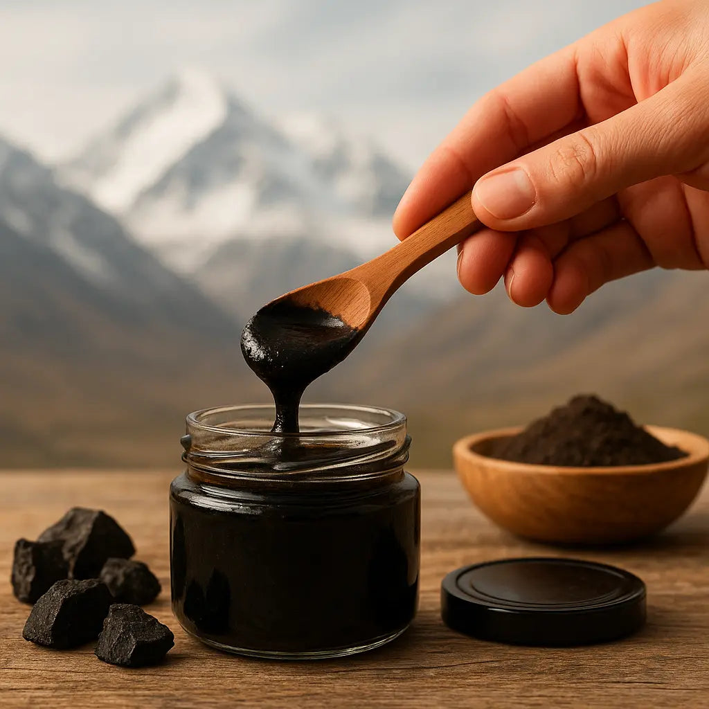 shilajit safety and compatibility - pure Himalayan resin tin on neutral stone, editorial photo