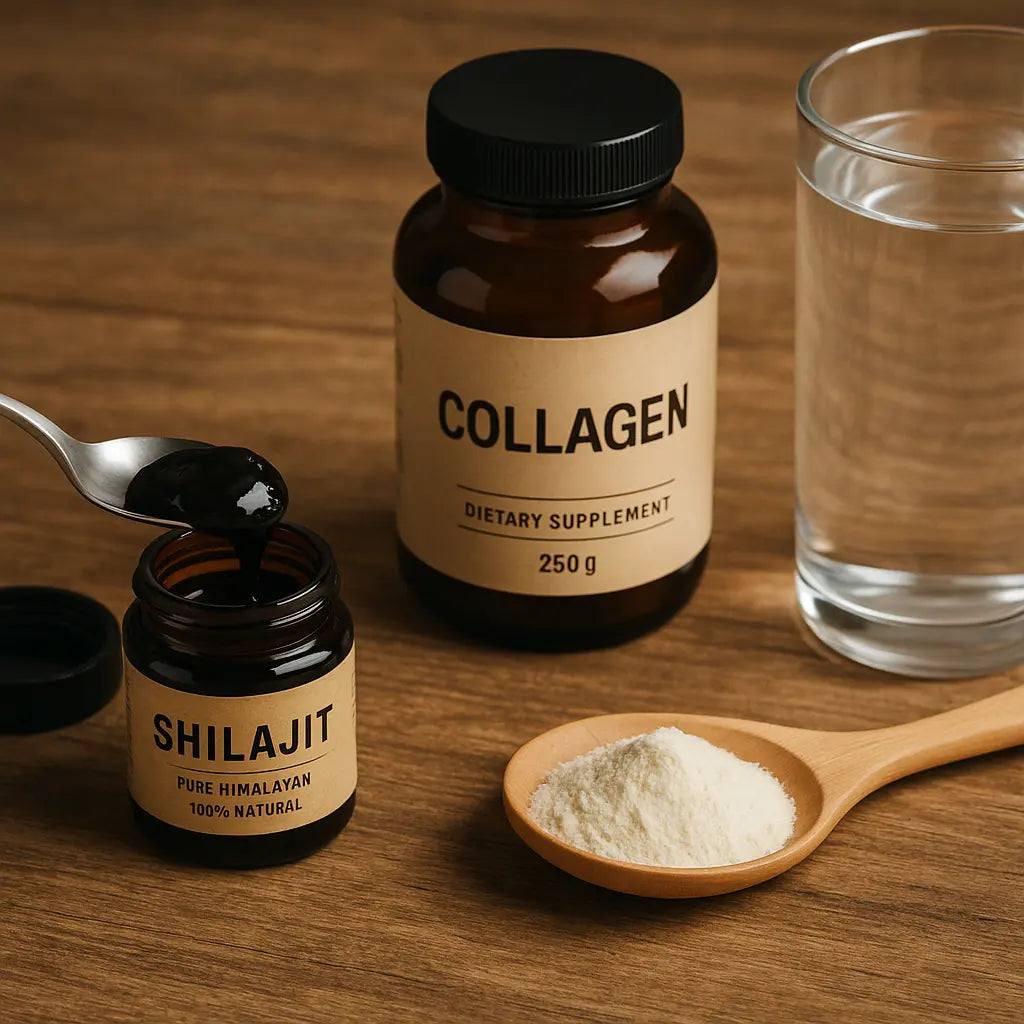 shilajit vs collagen - Himalayan shilajit tin on neutral stone, editorial photo