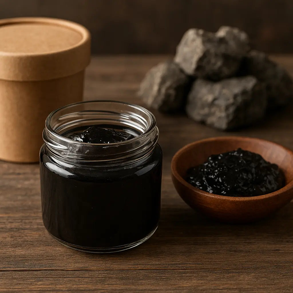 how to store shilajit for freshness - tin of Himalayan shilajit on neutral stone, editorial photo