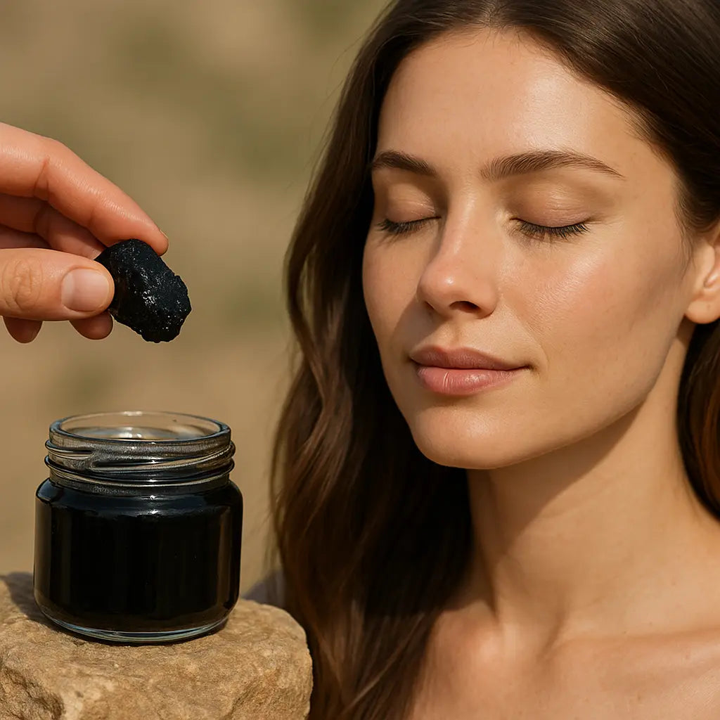 shilajit for hair and skin - pure Himalayan resin tin on stone, natural beauty ritual