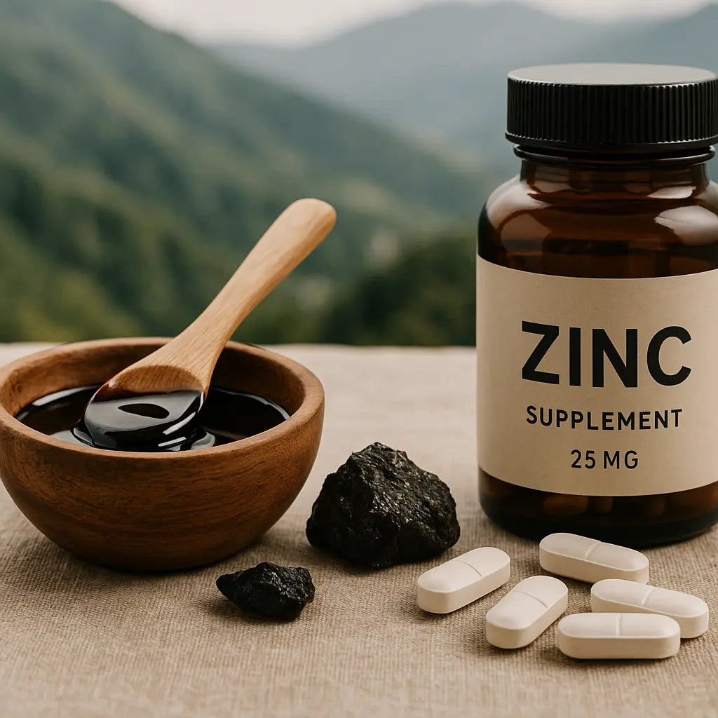 shilajit vs zinc - tin of Himalayan shilajit resin on stone background, editorial photo