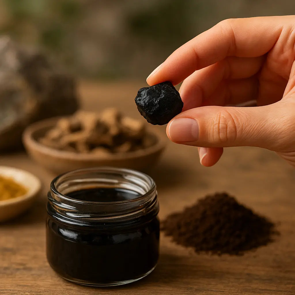 shilajit for immunity boost - Nepalese shilajit resin tin on neutral stone, editorial photo