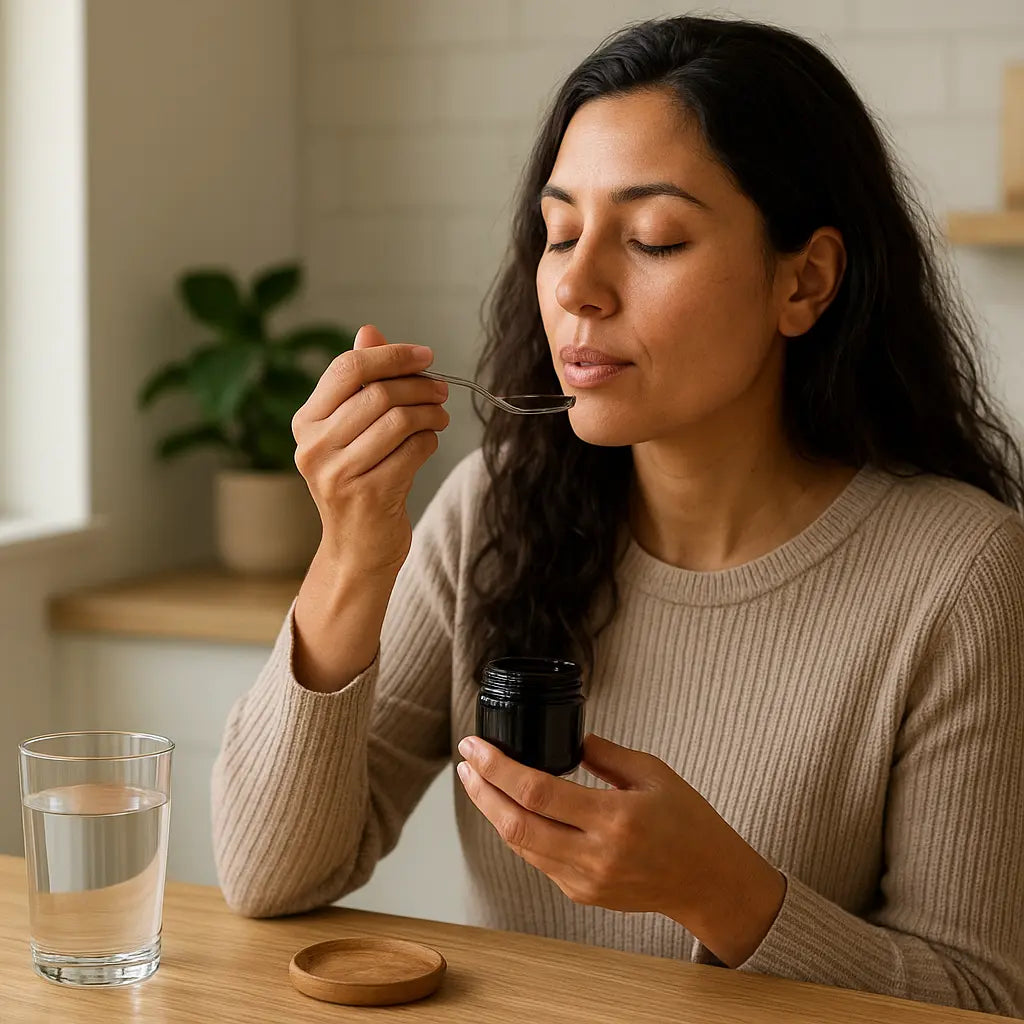 morning routine with shilajit - Nepalese shilajit resin tin on stone, simple morning setup