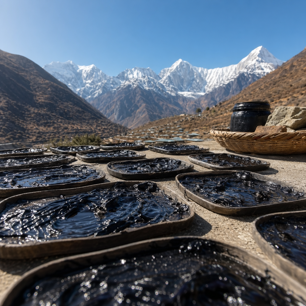 sun drying shilajit ancient process - pure Himalayan resin tin with natural sunlight drying in a simple mountain setting