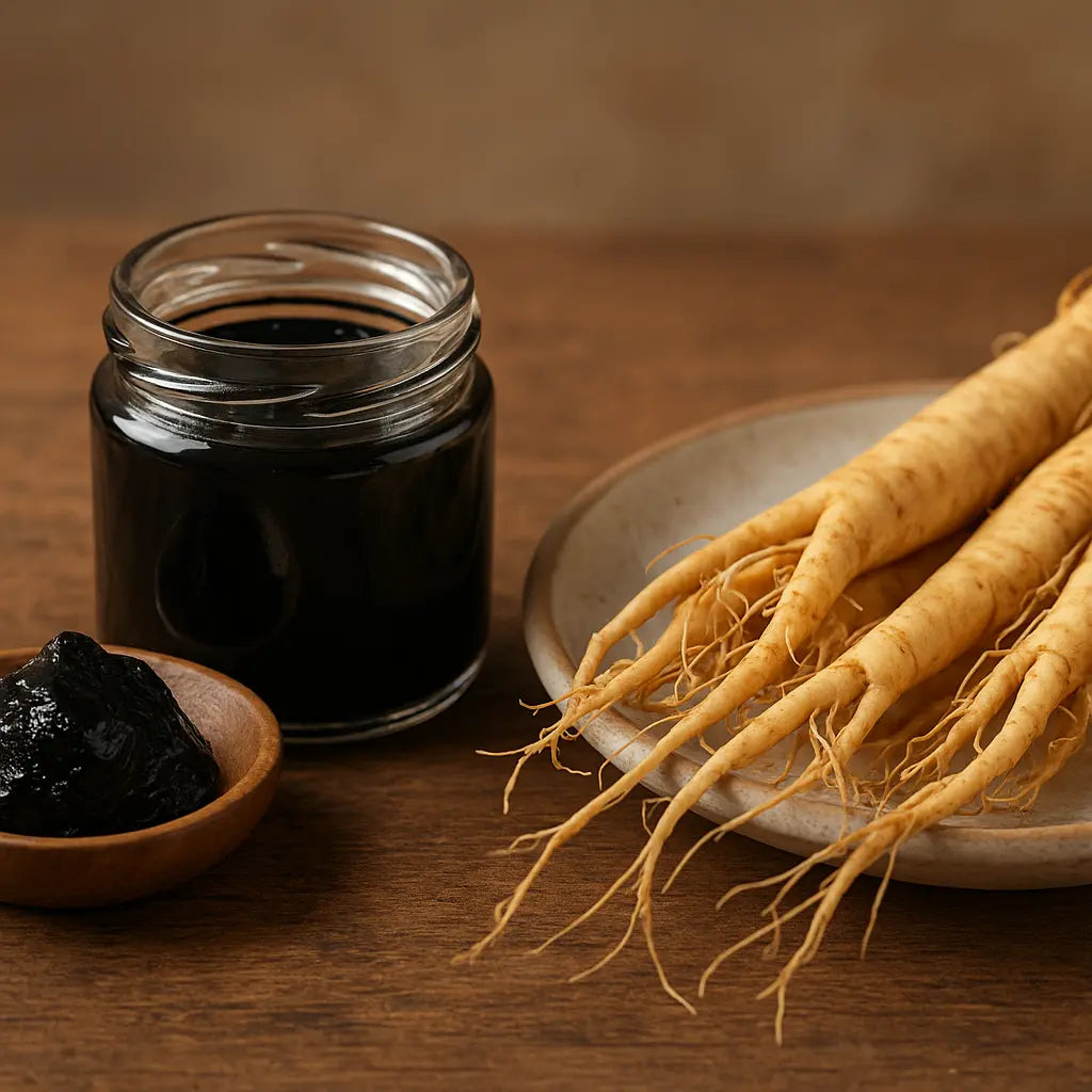 shilajit vs ginseng - Himalayan shilajit resin tin beside ginseng root, comparison image