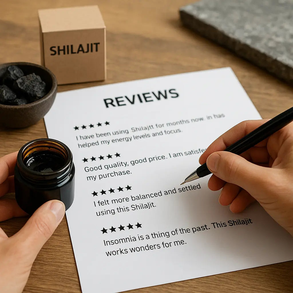 how to read shilajit reviews properly - Nepalese shilajit resin tin on stone, editorial photo