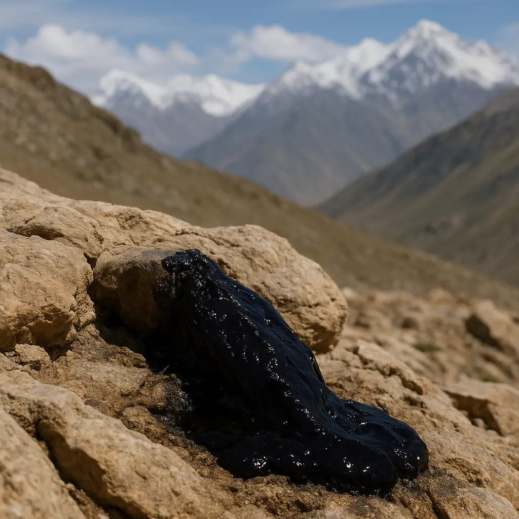 how shilajit forms - pure Himalayan resin tin on neutral stone, editorial photo
