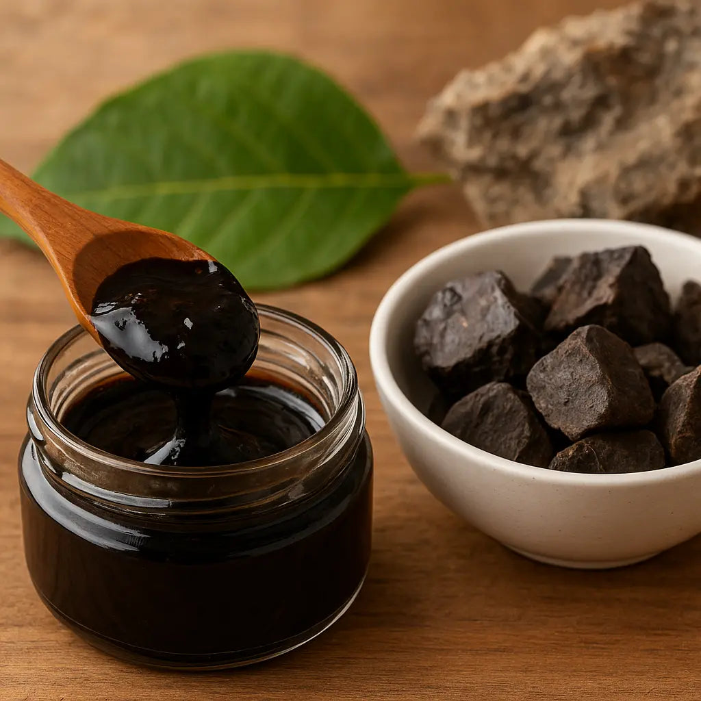 shilajit for energy and focus - small tin of Nepalese shilajit resin on stone, natural product photo