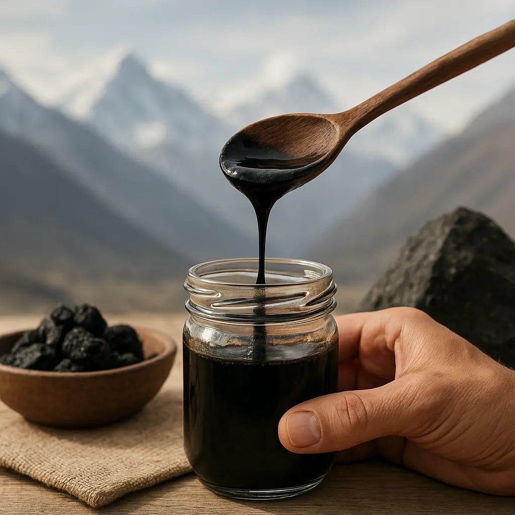 shilnepal purity process - fresh Himalayan shilajit resin tin on stone, photo