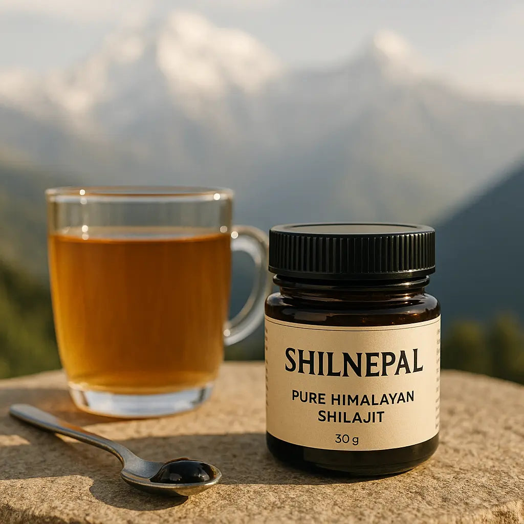 shilnepal story australia - tin of pure Himalayan shilajit resin on stone, editorial photo