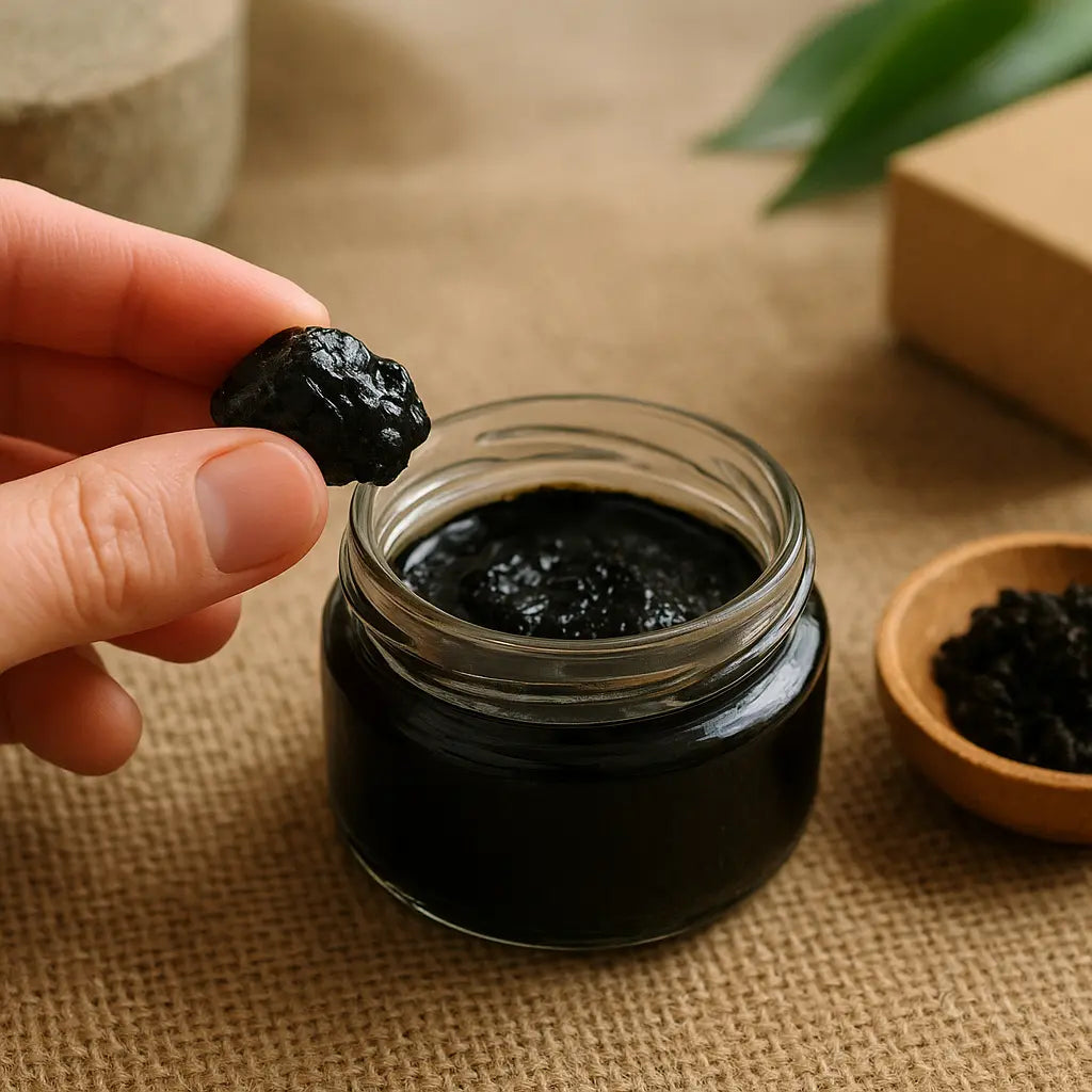 what to check before buying shilajit on ebay - pure Himalayan shilajit resin tin on stone, editorial photo