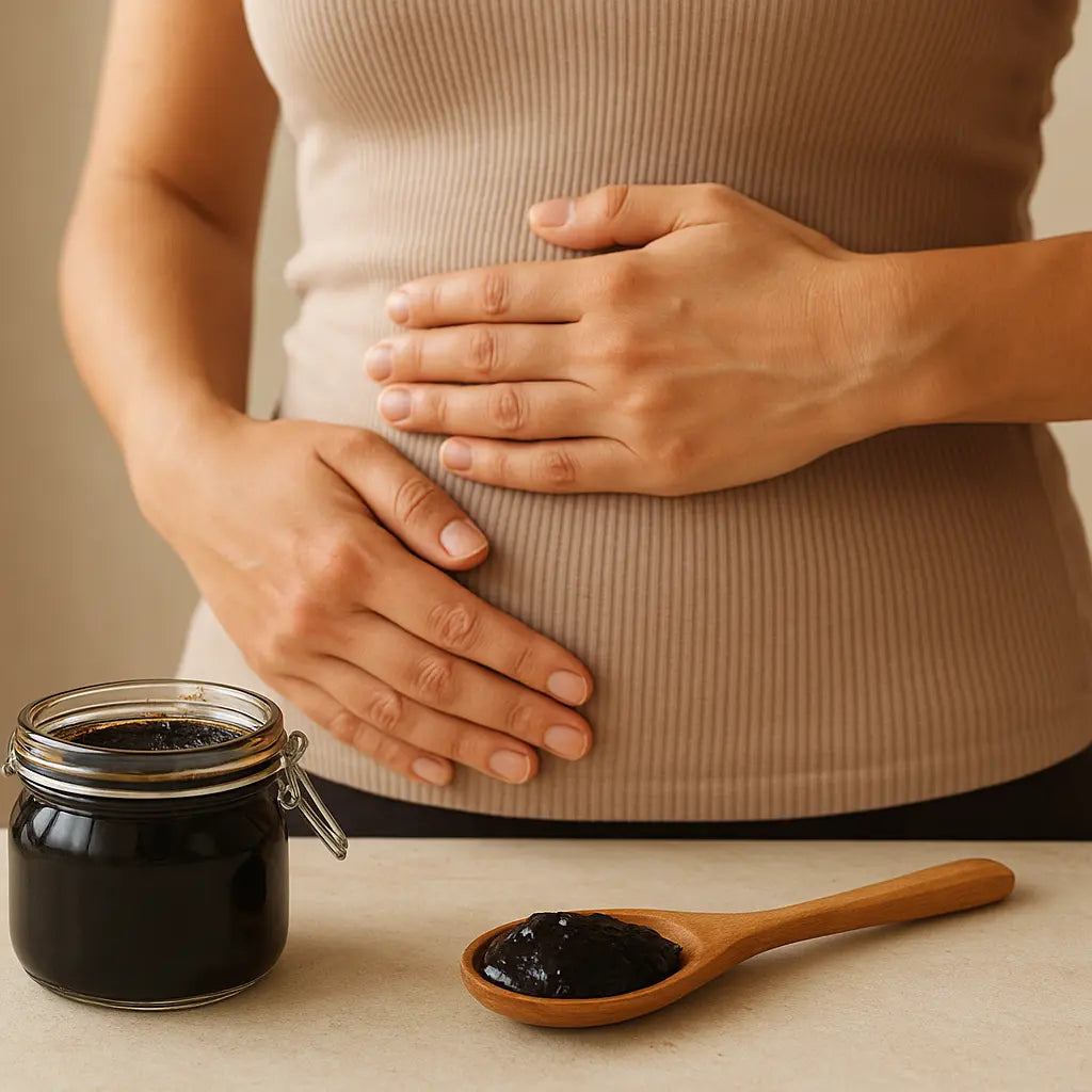 shilajit for digestion and gut health - pure Himalayan resin tin on neutral stone, editorial photo